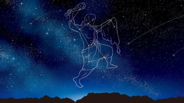 How does the constellation Orion appear?