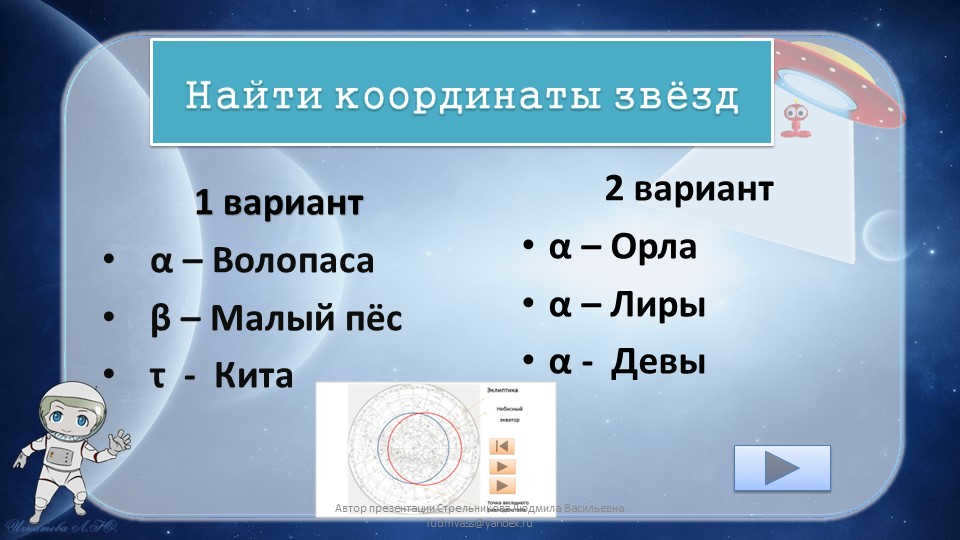 Find the coordinates of the stars1 variant α - Volopassus β - Small Dog τ - Cetus2 variant. 