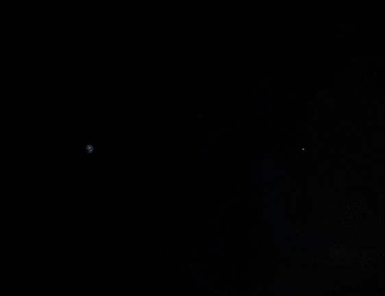 A hypothetical photon traveling from the Earth to the Moon. All proportions are correct.