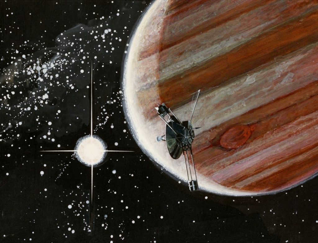 Pioneer 10 in the background of Jupiter