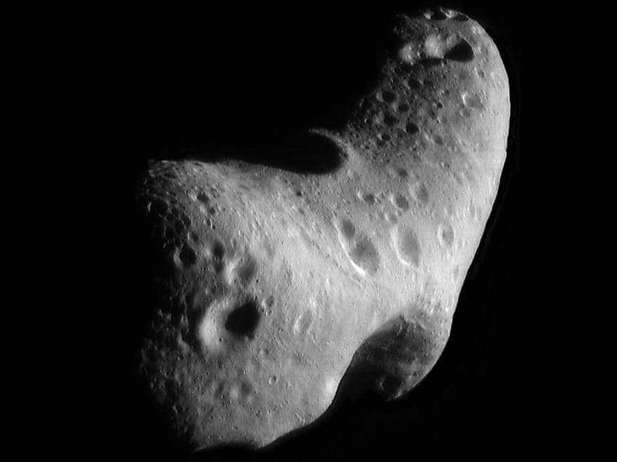 A close-up of Eros, imaged in 2000. The asteroid's orbital path allows it to approach Earth. The arrival was observed by the Spitzer telescope and other Earth-based instruments