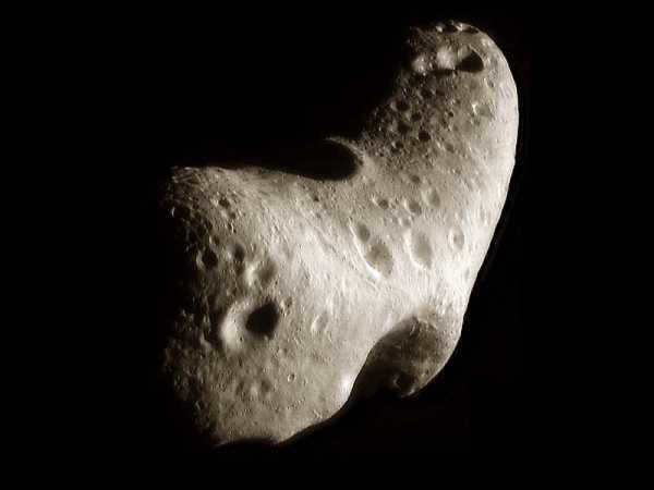 Composite image of the north polar region of asteroid Eros