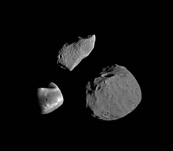 Asteroid Gaspra, and the Mars satellites Phobos and Deimos