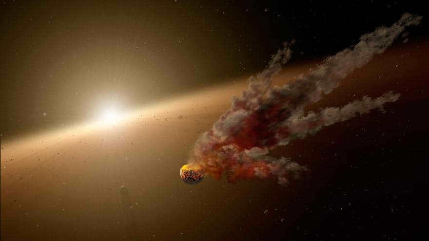 An artistic interpretation of the early solar system, where particle collisions in the accretion disk caused the formation of planetesimals.