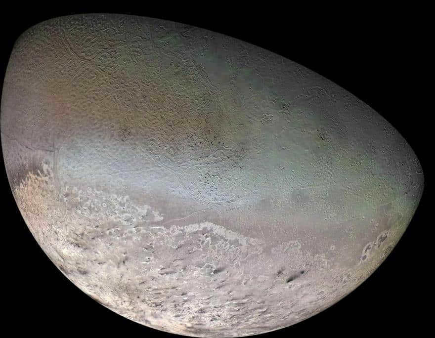 Triton's color mosaic captured by Voyager 2 in 1989
