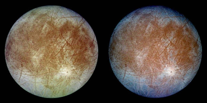 This is Europa's hemisphere, captured by the Galileo spacecraft at 677,000 kilometers. On the left is the true color and on the right is enhanced to show details. The 45 km diameter Puyl crater is visible in the lower right corner.