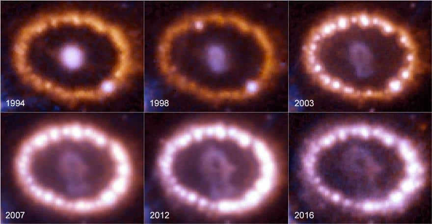 Supernova 1987A after the explosion (left) and before (right).