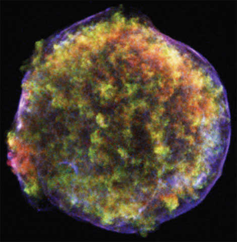 Tycho supernova: a thermonuclear explosion observed by the famous Danish astronomer Tycho Brahe in 1572 left behind clouds of silicon, iron, and other heavy elements that glow in the X-ray range (green, red). The shock wave (thin blue shell) expands at 7500 km/sec