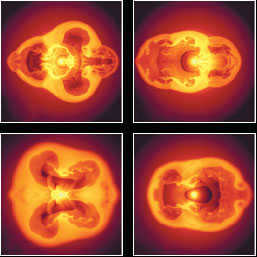 Modeling shows that asymmetry develops already at the beginning of the explosion. Small differences at the beginning of the star's collapse lead to large differences in the degree of asymmetry