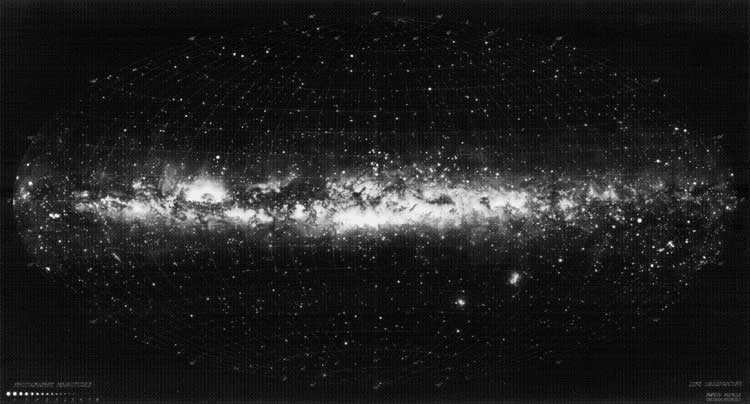 The Milky Way, a complete photographic map made at the Lund Observatory (Sweden). The Magellanic Clouds are visible to the right and below center.
