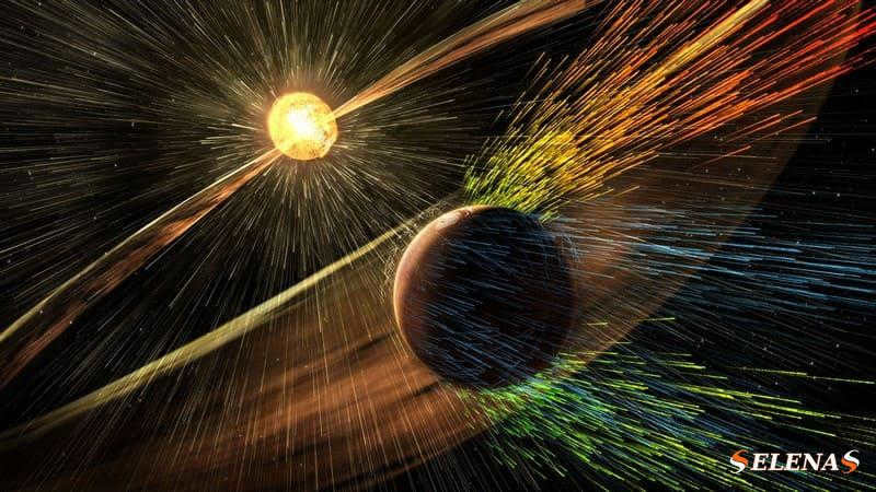 An artist's illustration showing solar wind particles flying through space.