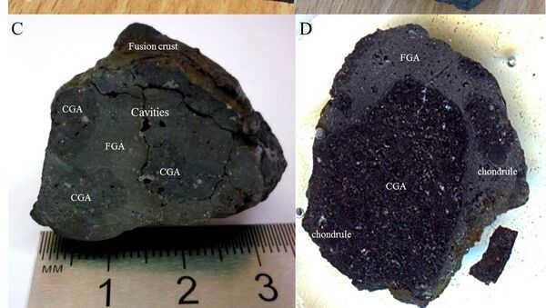 A fragment of the Chelyabinsk meteorite showing the fusion crust