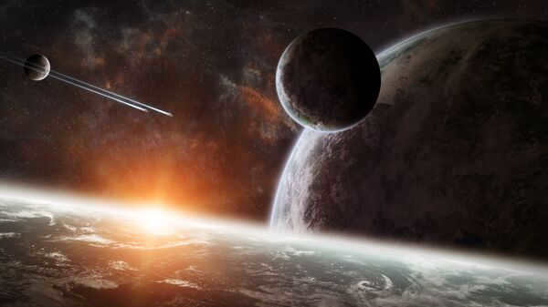 Sunrise over a group of planets