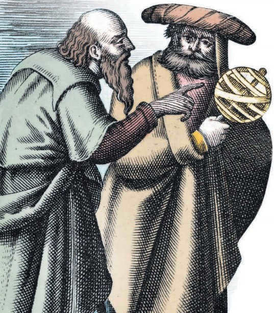 Aristotle and Ptolemy argue about the structure of the universe