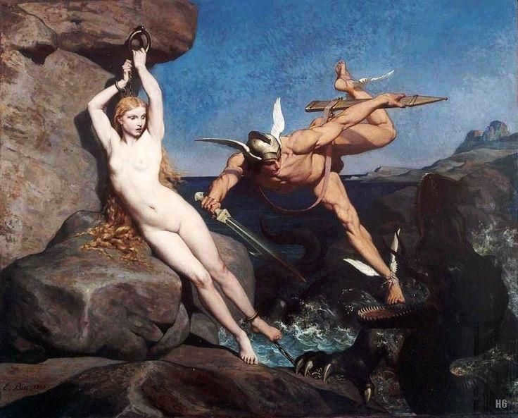Perseus defeats the sea monster and frees Andromeda.