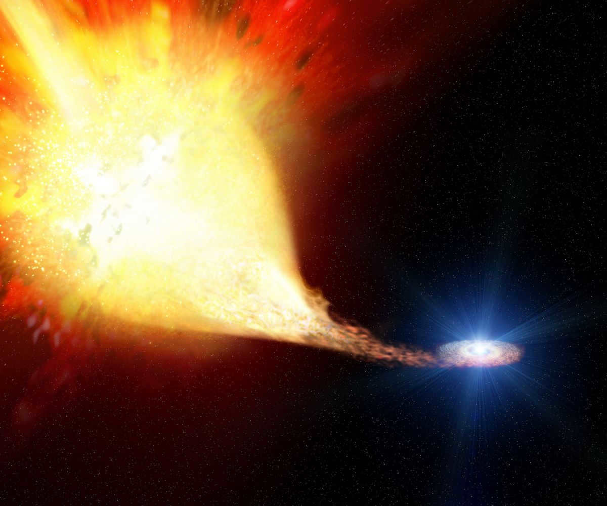 Matter flowing from a star to a white dwarf, artist's drawing