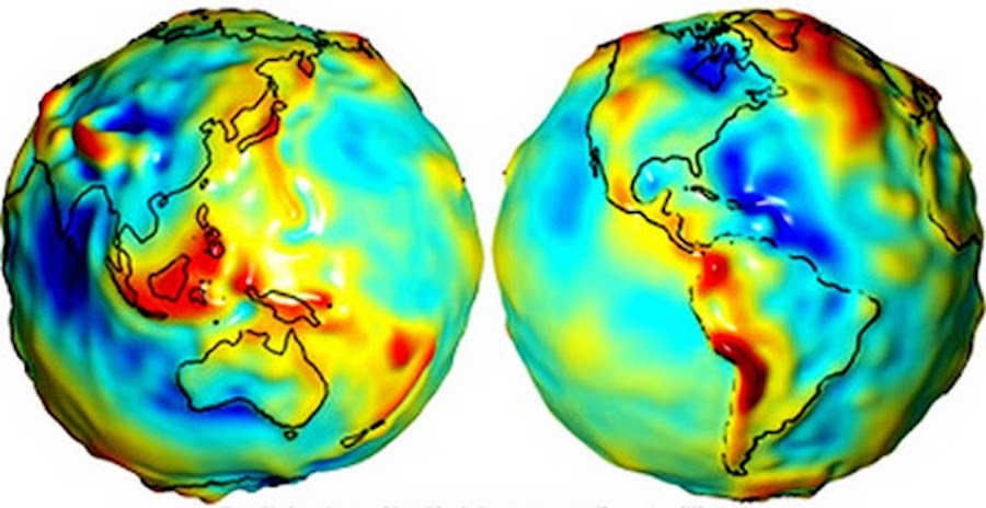 NASA has created a visualization of gravitational anomalies on Earth as part of the GRACE project. Areas where gravity is stronger are shown in red, and areas where it is weaker than standard values are shown in blue