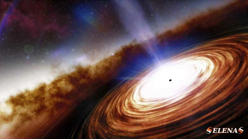 Quasar: a tiny black dot at the center of a luminous disk, with the jet coming out perpendicular to the disk.