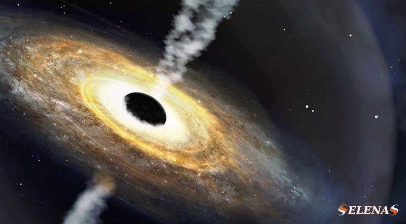 A spinning disk with a large black ball in the center and jets emanating from both poles of the black ball.