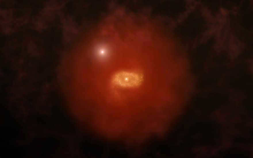 An artistic interpretation of a "baby" galaxy similar to the Milky Way, with a bright quasar emitting a glow in hydrogen gas
