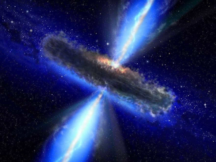This is an illustration of a quasar like APM 08279+5255, in which huge amounts of water vapor have been found. It is likely that gas and dust form a bulge around the central part of the