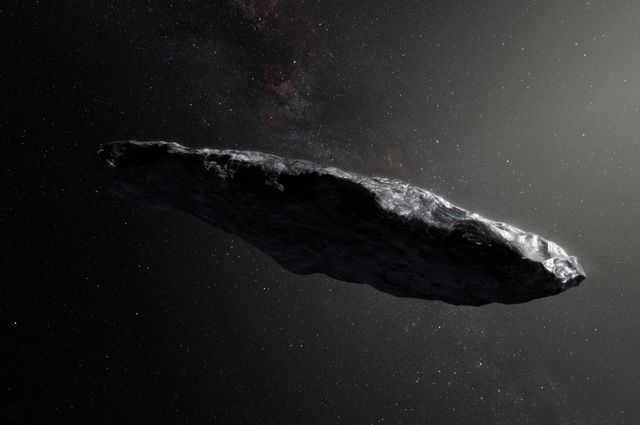 The first known interstellar asteroid Oumuamua in the artist's representation.