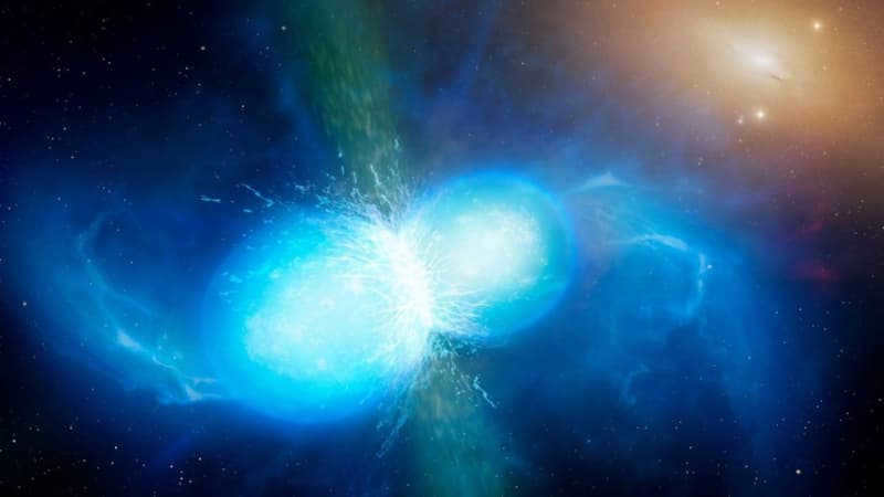 Merger of two neutron stars, illustration by ESO&University of Warwick/Mark Garlick (https://www.eso.org/public/italy/images/eso1733s/)