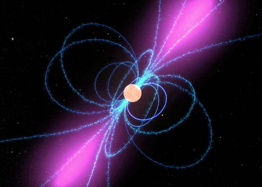 The magnetic field lines rotating around the pulsar are shown here. The purple glow is gamma rays