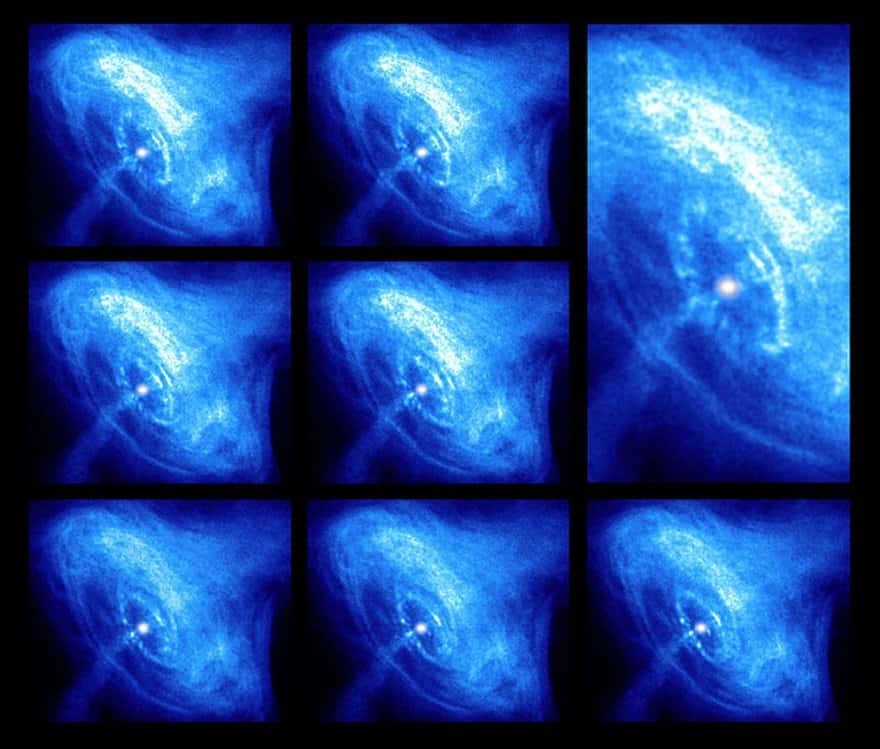 An image of the pulsar PSR B0531+21 taken by the Chandra X-ray Observatory. In the center you see a white pulsar and jets of ejected material