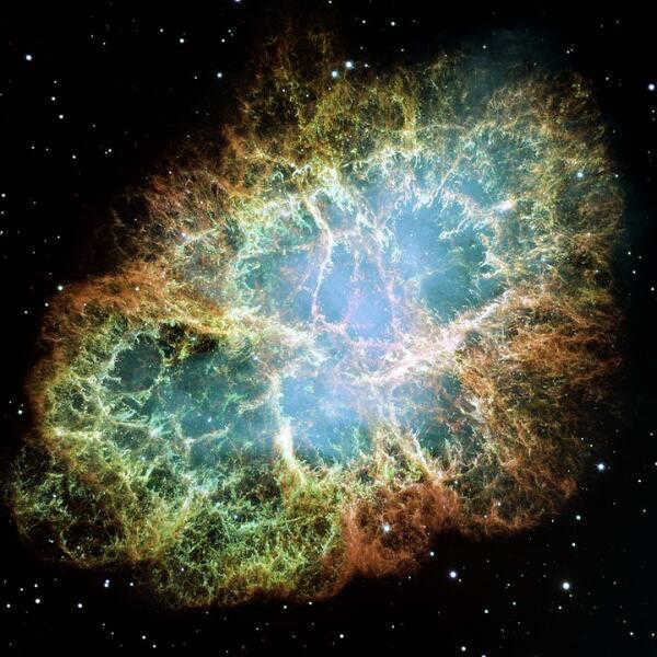 The Crab Nebula, the result of a supernova explosion in 1054.