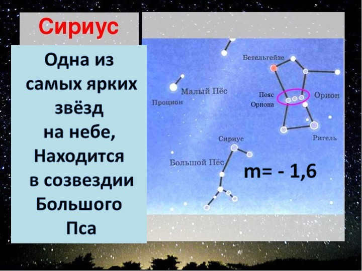 Sirius m= - 1.6One of the brightest stars in the sky, Located in the constellation B. 