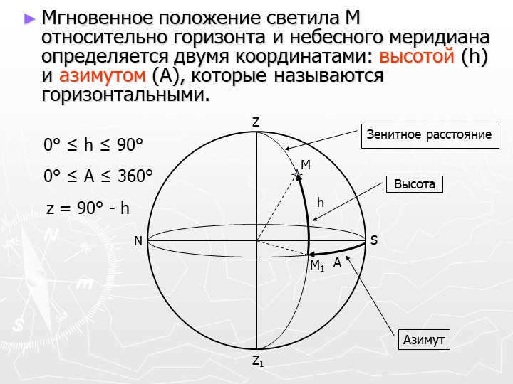 MMinstantaneous position of the luminary M relative to the horizon and the celestial meridian. 