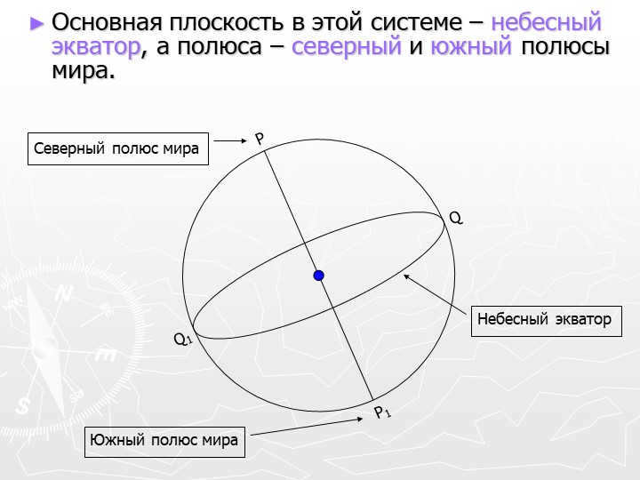 The principal plane in this system is the celestial equator, and the poles are north and south. 