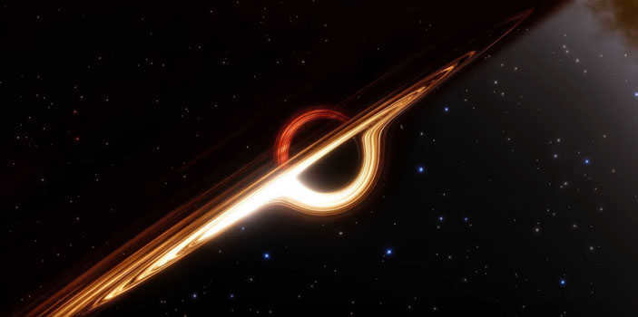 Artistic depiction of a black hole with an accretion disk turned to the Earth by an edge ("Science and Life" No. 5, 2019)