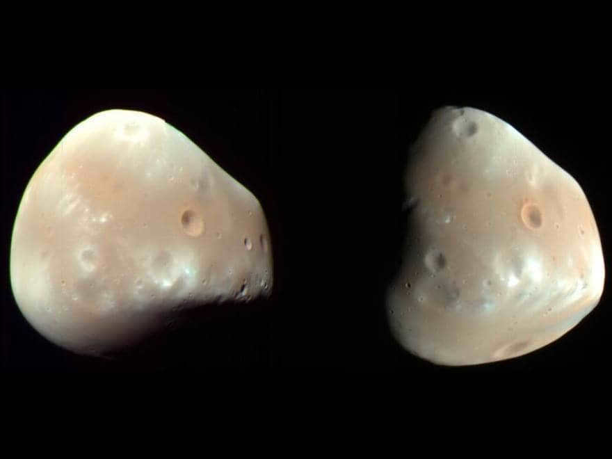 The image of Deimos was captured by the HiRISE camera on MRO on February 21, 2009. The moon spans 7.5 miles in diameter. It is endowed with a smooth surface layer due to a coating of fragmentary rock (regolith). It resembles another Martian satellite, Phobos, in its dark red coloration. This image combines exposures in near-IR, red, and blue-green wavelengths. Subtle color variations are noticeable in the enhanced color, with reds representing smooth areas and pale colors representing craters and ridges. Variations in color are based on effects on the surface material. 