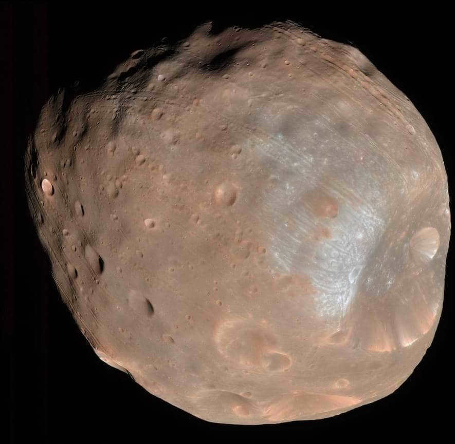 This satellite could be considered a suicide bomber. Mars was named after the Roman deity and patron saint of war. It has two moons, Phobos (fear) and Deimos (panic). It is thought that they may be captured by asteroids retrieved from the belt between Mars and Jupiter. The great Phobos has a crater surface. Not only is it orbiting close to the planet, but it is shortening the distance every century. If this continues, in 100 million years it will either crash into Mars or be torn by gravity in orbit, forming a ring. 