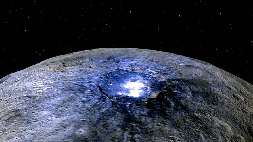 False-color image of Occrater demonstrates the difference in surface composition. Red corresponds to a waveband of 0.97 micrometers (IR), green to 0.75 (red), and blue to 0.44 (blue). The crater extends for 90 kilometers. Researchers use false color to look at differences in surface materials. Typically, the blue color on Ceres indicates 130 bright spots and hints at the presence of salts. The spacecraft performed the survey at a distance of 4,400 kilometers. The Jet Propulsion Laboratory is responsible for the Dawn mission. It is part of the more global Discovery project.