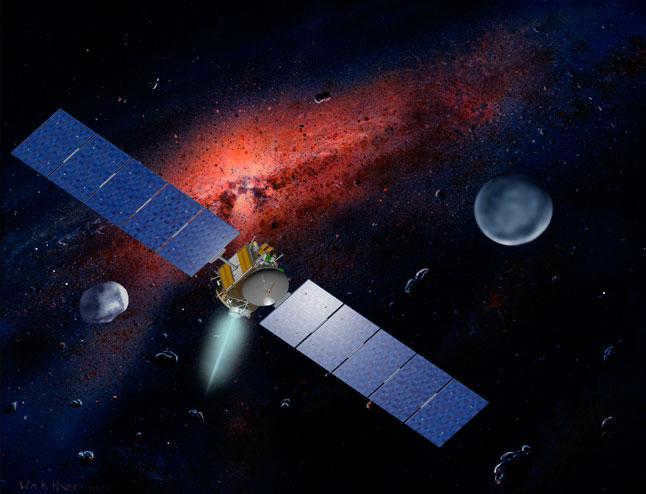 illustration, automatic interplanetary station, AMS, Dawn, asteroid, Vesta, dwarf planet, Ceres, space, computer graphics