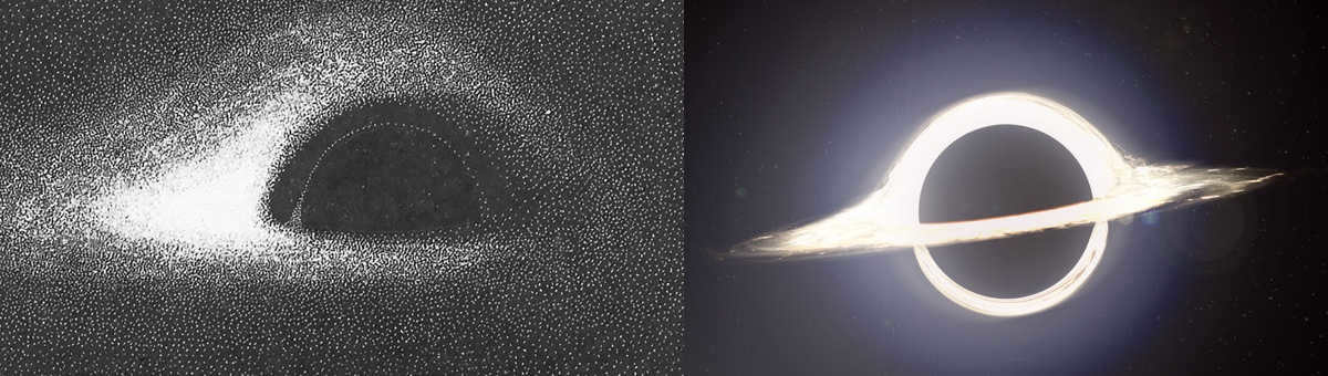 Jean-Pierre Luminet's 1979 model on the left, and Kip Thorne's 2014 model on the right