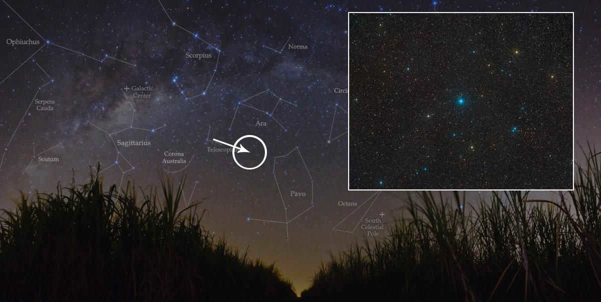 The approximate location of the star system in the constellation Telescope, which contains the black hole closest to Earth. Collage © LIFE. Photo © ESO / Digitized Sky Survey 2