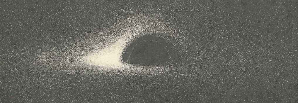 Jean-Pierre Luminet in 1979 calculated the Doppler and Einstein effects for each point in the image of the accretion disk of a black hole, but there was no graphics program at the time; Jean-Pierre drew each point in the image on a sheet of paper with ink by hand and took a negative of a photograph of the paper sheet.