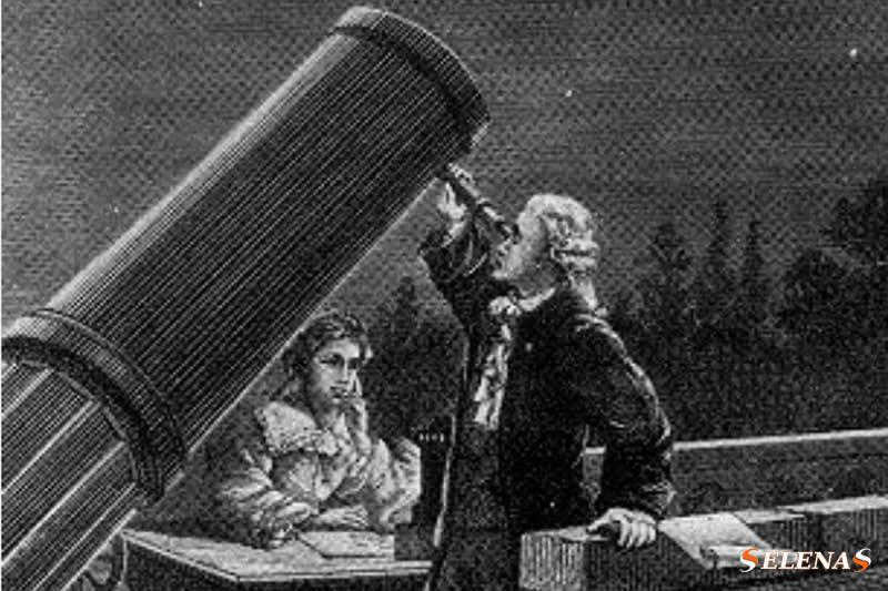 William Herschel looks through the eyepiece.