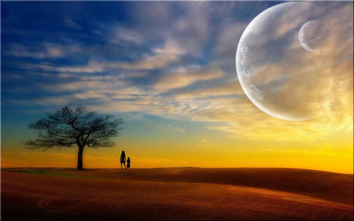 Landscape with planets in the sky