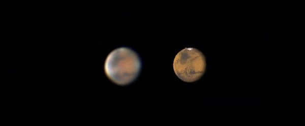 Comparison of a photo of Mars through an amateur telescope and a computer model.
