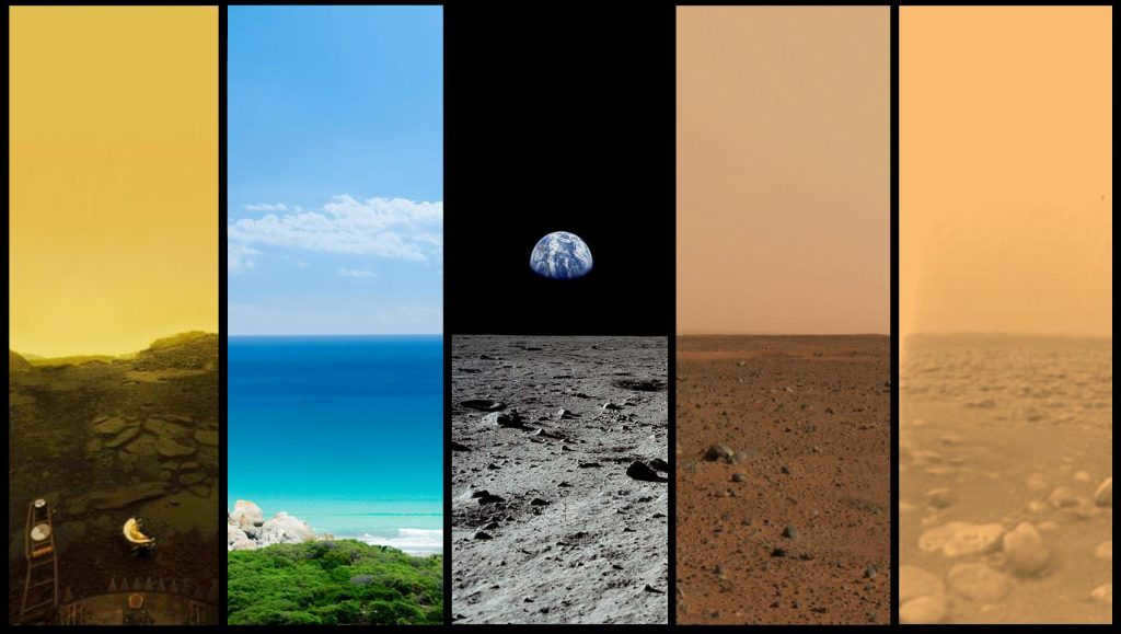 Comparison of the surface of Venus, Earth, Moon, Mars and Titan (left to right)