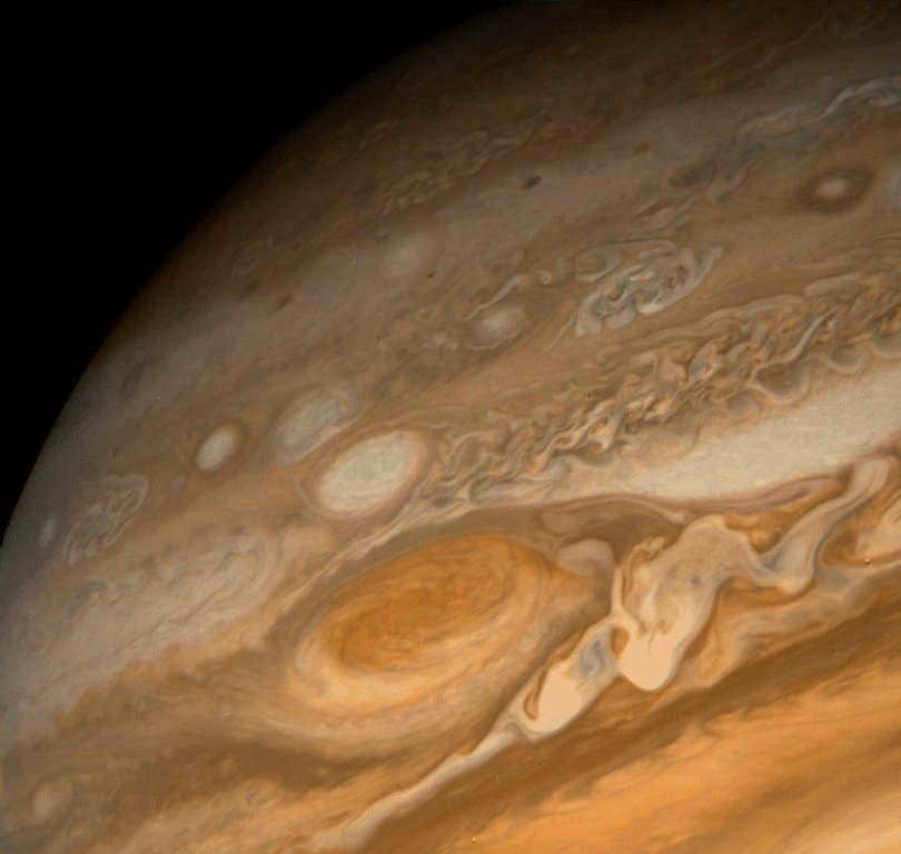 This is a close-up of the Great Red Spot taken by the Voyager spacecraft