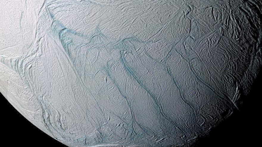 A series of "tiger stripe" faults on the surface of Enceladus.