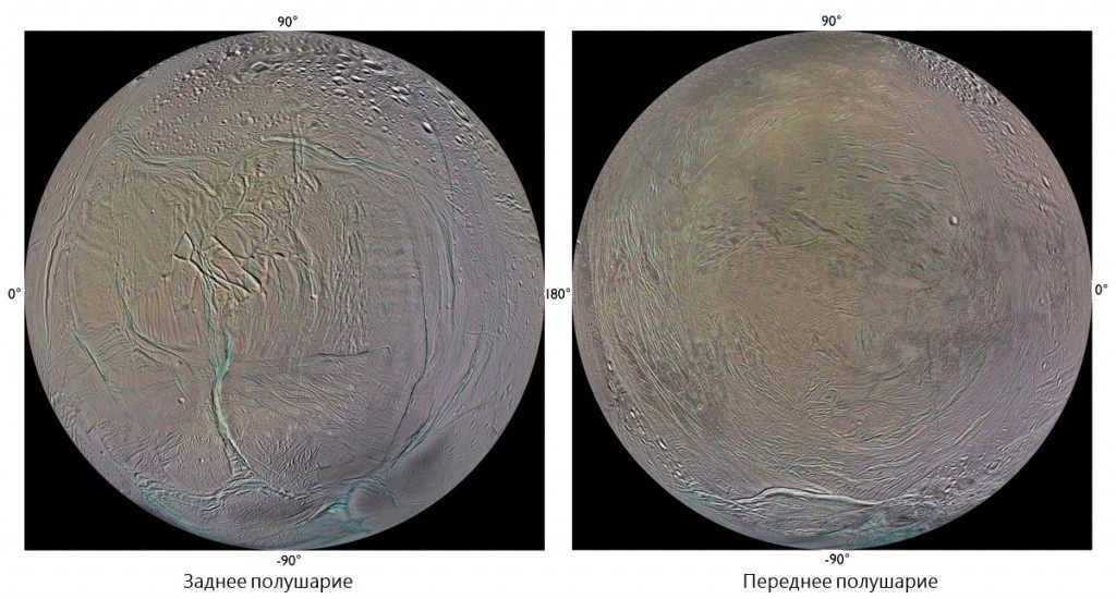 Rear and front hemisphere of Enceladus