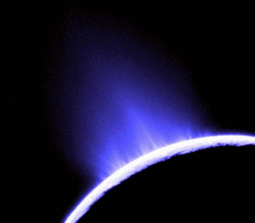 Water geysers on Enceladus. Photo taken in October 2007 by the Cassini spacecraft.