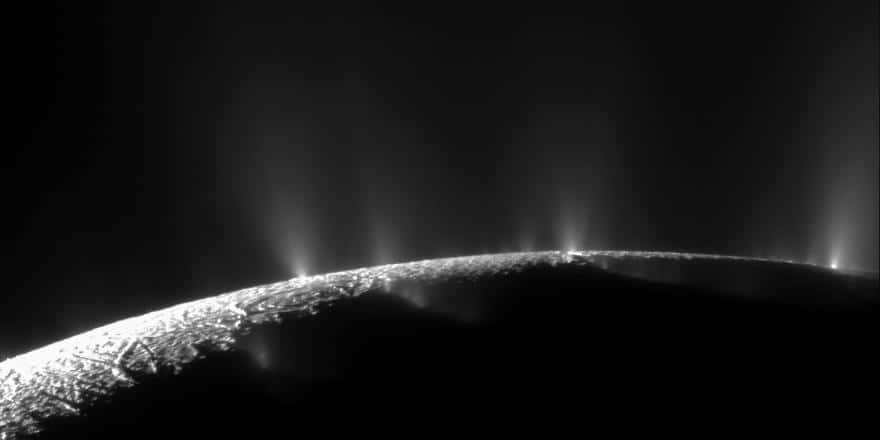 Water vapor erupting from the south pole of Enceladus.